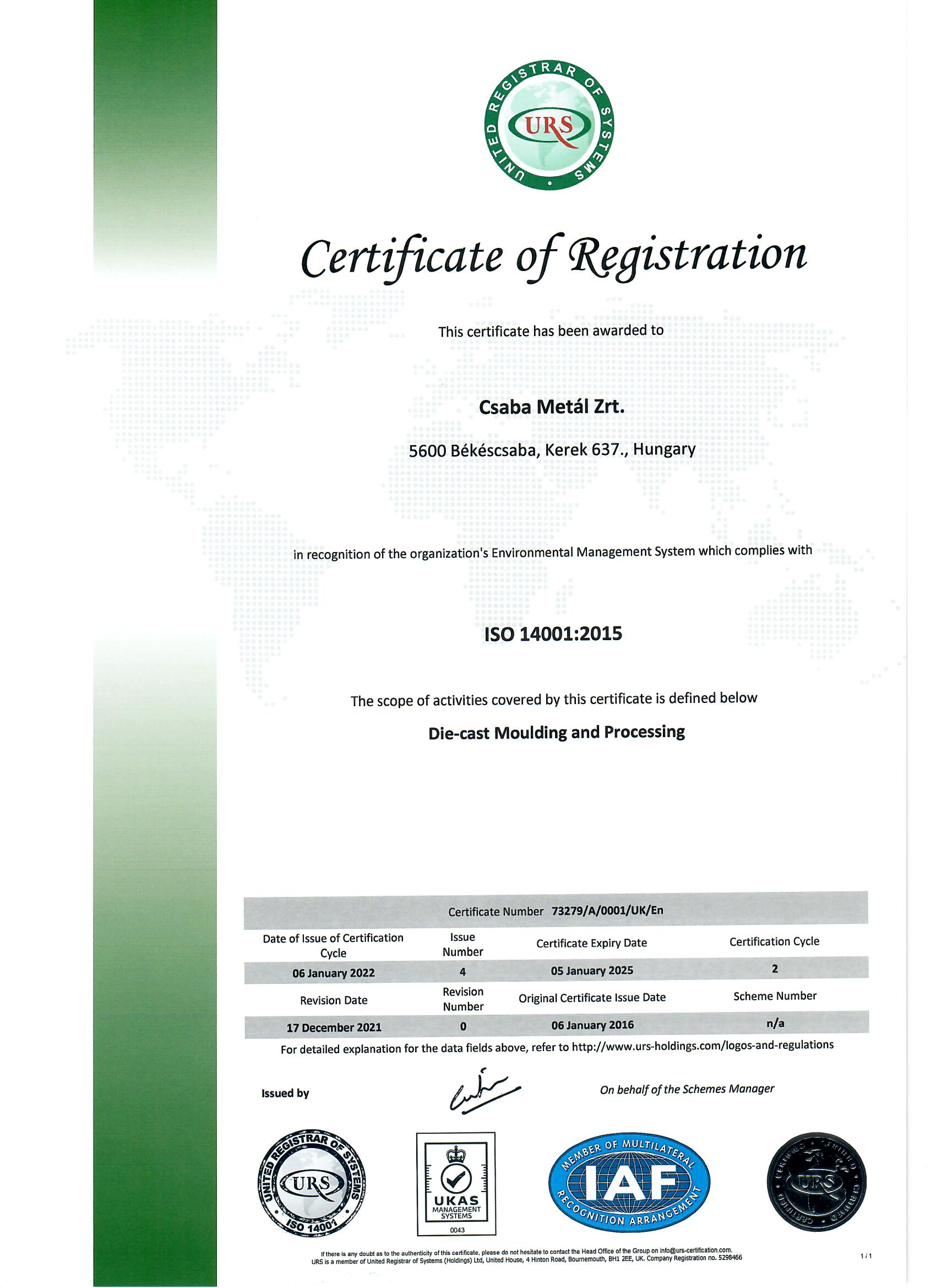 Csaba Metál Zrt ISO 14001 2015 ENG